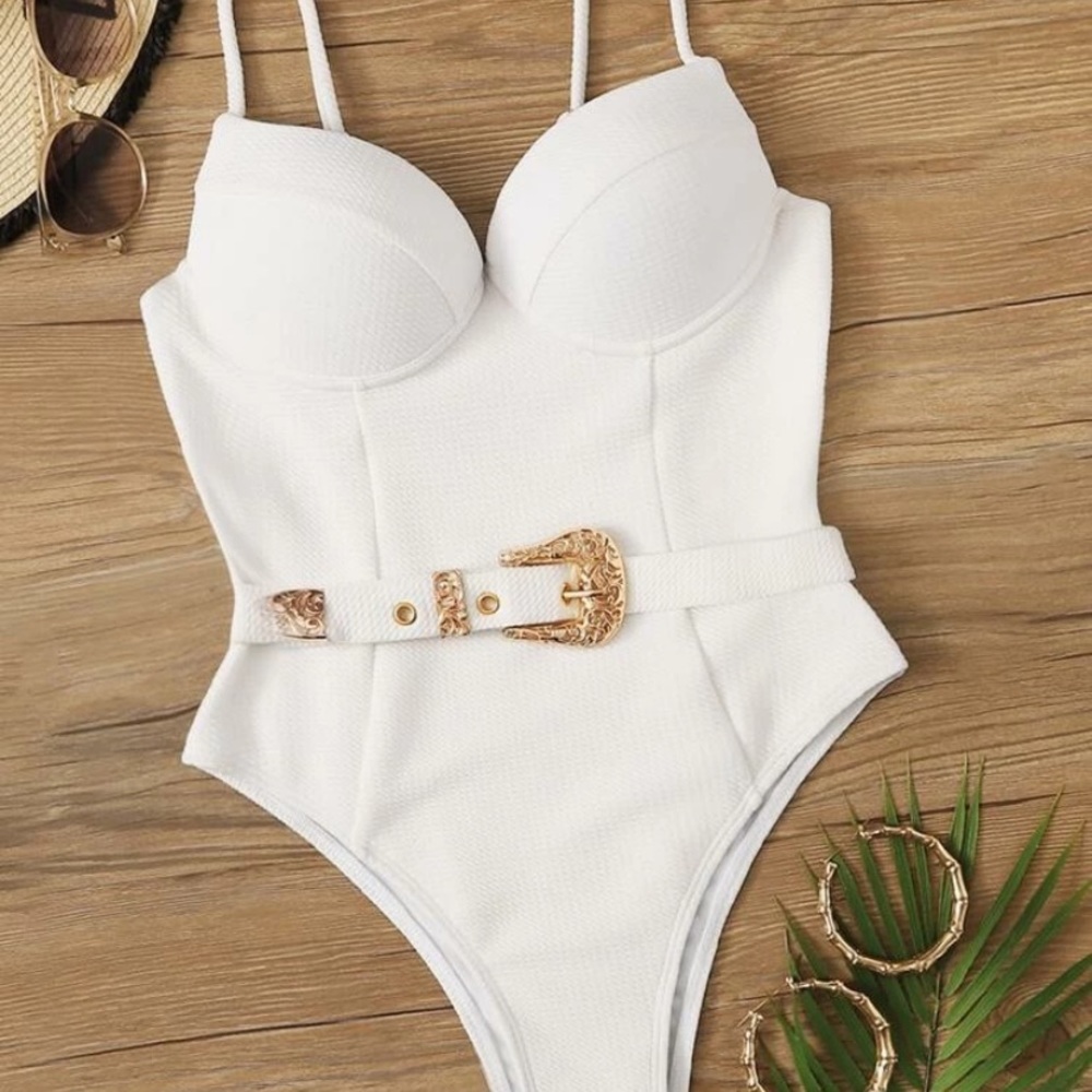 NEW WHITE WITH GOLD BELT ONE PIECE SWIMSUIT MED